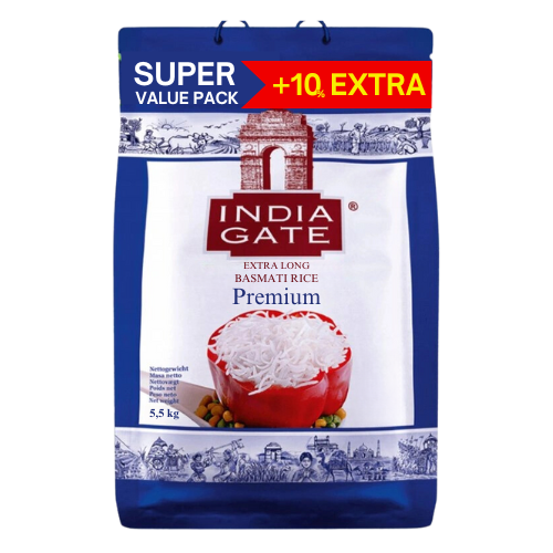 India Gate Premium Basmati rýže (5kg) + 10% Extra - 5,5Kg (Super výhodné balení) - Poškozené balení