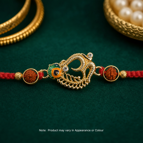 Smaltovaný náramek Rakhi se znamením Óm a korálky Rudraksha (1ks)