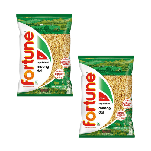 Fortune Moong Dal Split Without Skin / Mung Dal Washed (Bundle of 2 x 500g) - 1Kg