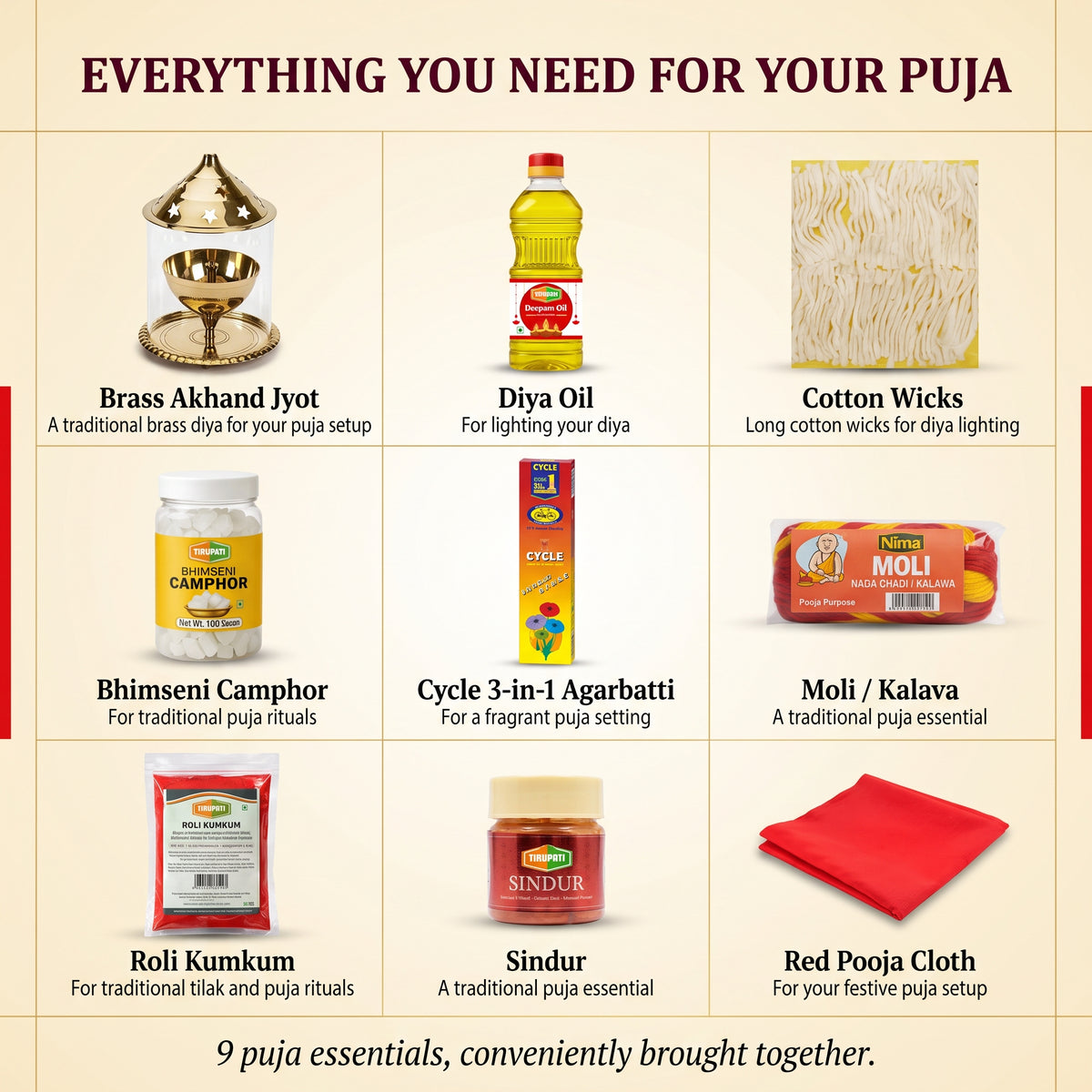 Navratri Akhand Jyot Puja Kit – Brass Akhand Jyoti Stand, Tirupati Diya Oil, Long Cotton Wicks, Tirupati Bhimseni Camphor, Cycle Three In One Agarbatti, Nima Moli Kalava, Tirupati Roli Kumkum, Tirupati Sindur, Rituals Red Pooja Cloth