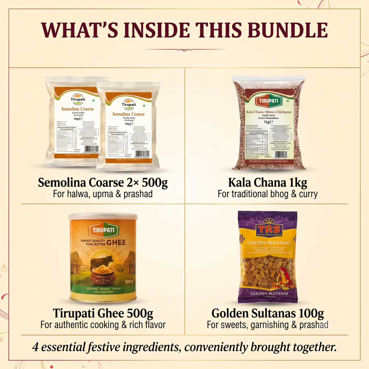 Kanya Pujan Kit (Halwa · Chana · Puri) – Tirupati Semolina Coarse, Tirupati Brown Chickpea / Kala Chana, Tirupati Pure Butter Ghee, TRS Golden Sultanas / Raisins / Kishmish