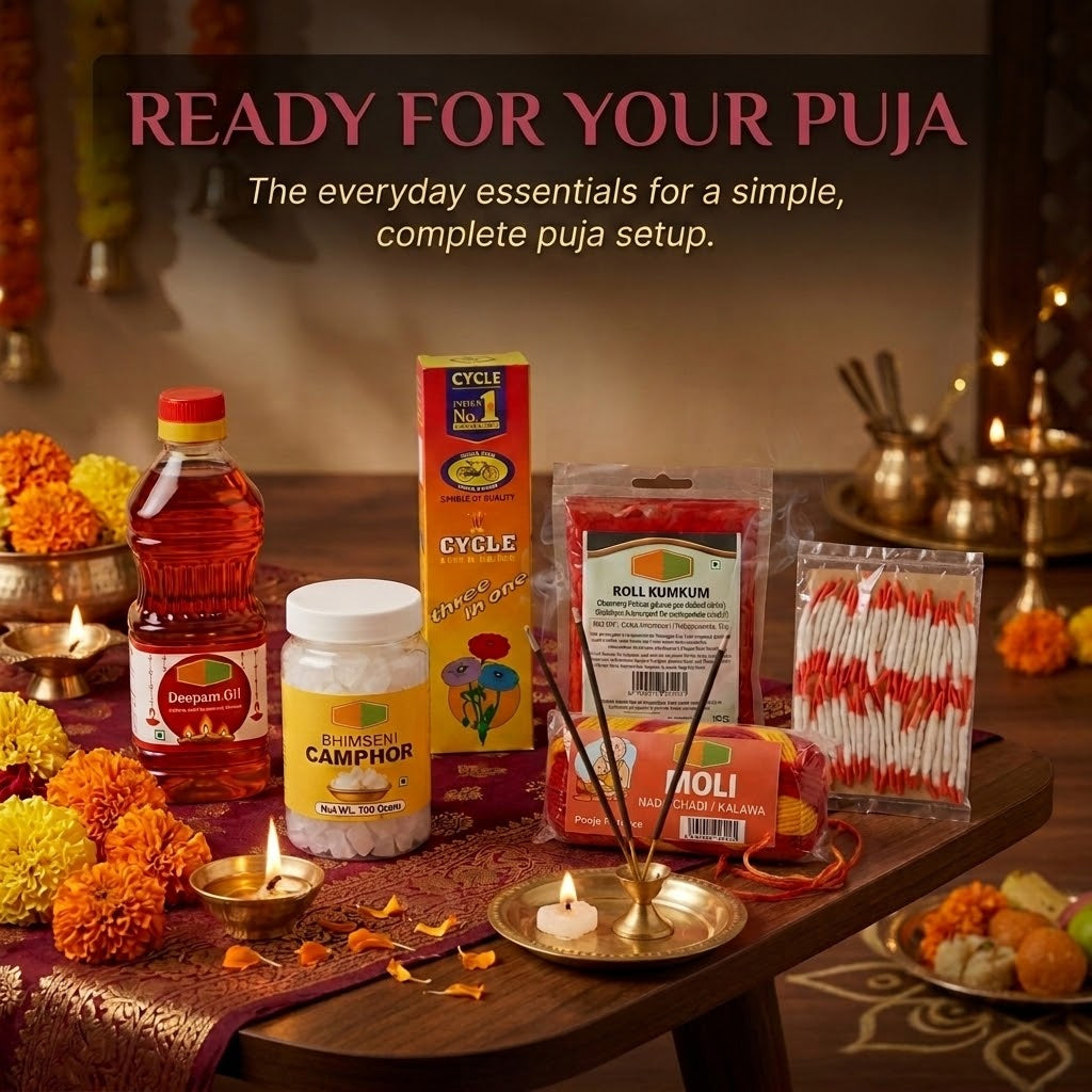 Puja Refill Kit – Tirupati Diya / Deepam Oil, Long Cotton Wicks, Tirupati Bhimseni Camphor / Karpoor Tablets, Cycle Three In One Agarbatti / Incense Sticks, Nima Moli Thread / Pooja Kalava (Red & Yellow), Tirupati Roli Kumkum Powder