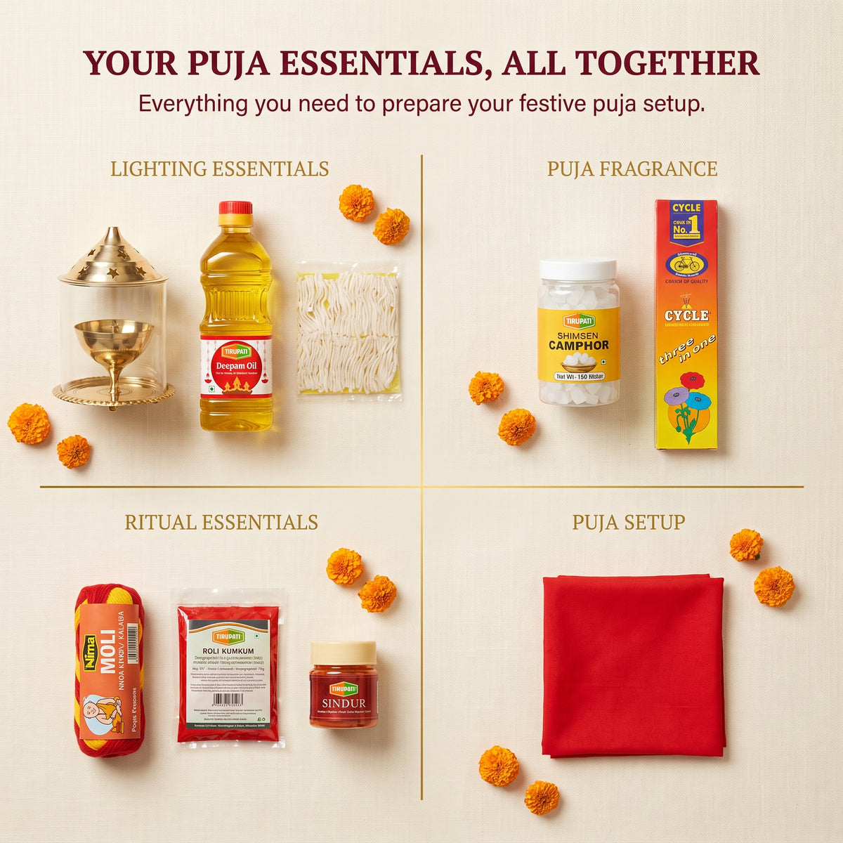 Navratri Akhand Jyot Puja Kit – Brass Akhand Jyoti Stand, Tirupati Diya Oil, Long Cotton Wicks, Tirupati Bhimseni Camphor, Cycle Three In One Agarbatti, Nima Moli Kalava, Tirupati Roli Kumkum, Tirupati Sindur, Rituals Red Pooja Cloth