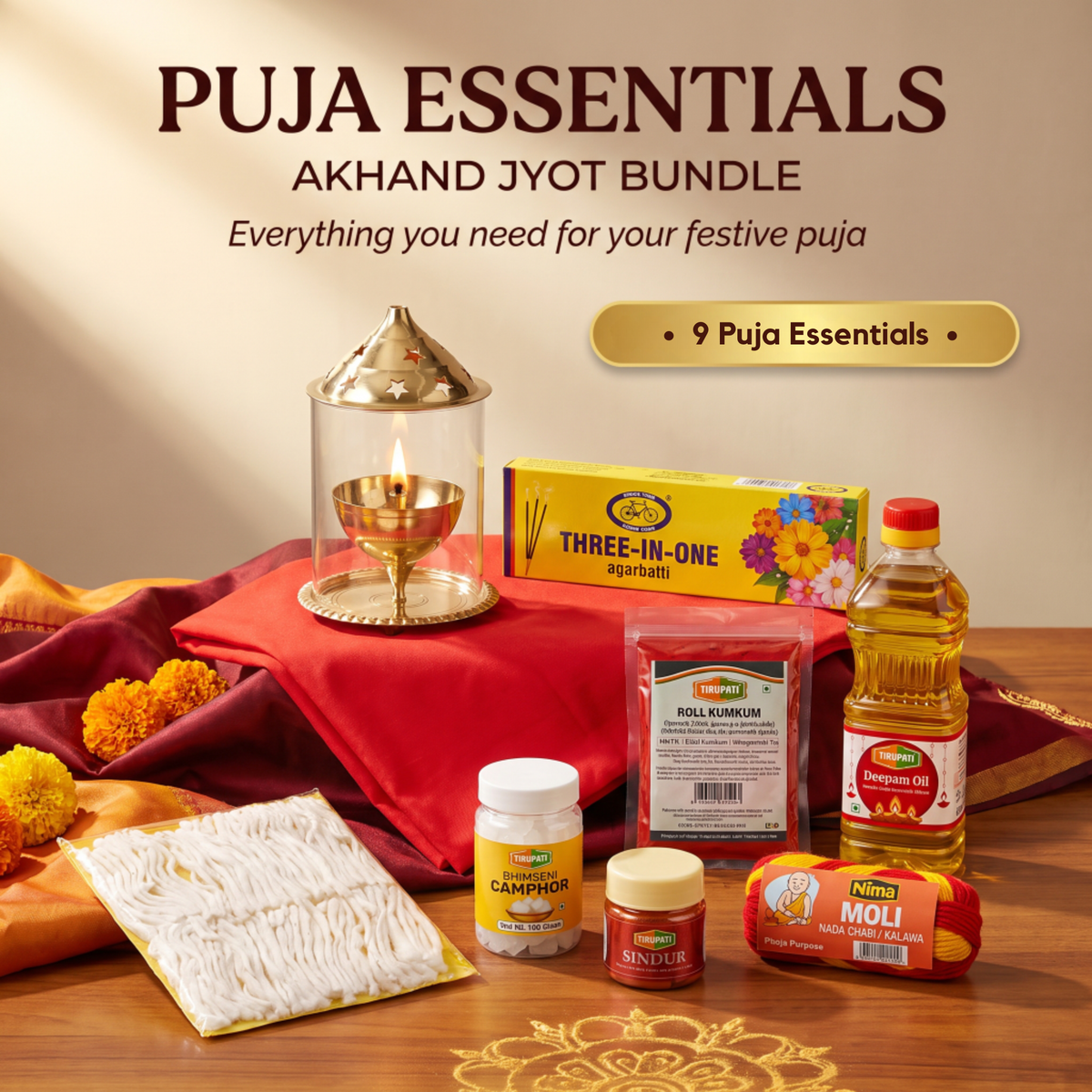 Navratri Akhand Jyot Puja Kit – Brass Akhand Jyoti Stand, Tirupati Diya Oil, Long Cotton Wicks, Tirupati Bhimseni Camphor, Cycle Three In One Agarbatti, Nima Moli Kalava, Tirupati Roli Kumkum, Tirupati Sindur, Rituals Red Pooja Cloth
