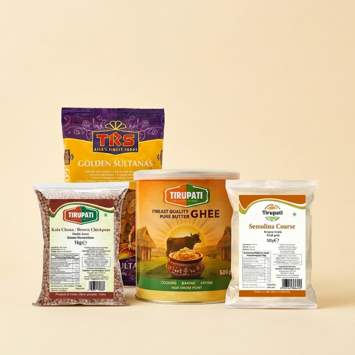 Kanya Pujan Kit (Halwa · Chana · Puri) – Tirupati Semolina Coarse, Tirupati Brown Chickpea / Kala Chana, Tirupati Pure Butter Ghee, TRS Golden Sultanas / Raisins / Kishmish