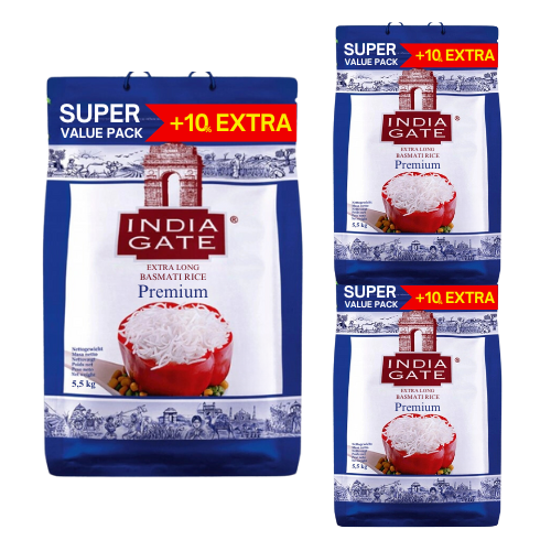 India Gate Premium Basmati Rýže (Balení 3 x 5kg) + 10% Extra (Super výhodné balení) 16,5Kg