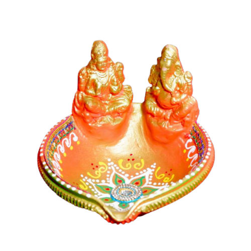 Deepavali Akhand Diya (terakotová olejová lampa) s Lakshmi a Ganéšou (1ks)