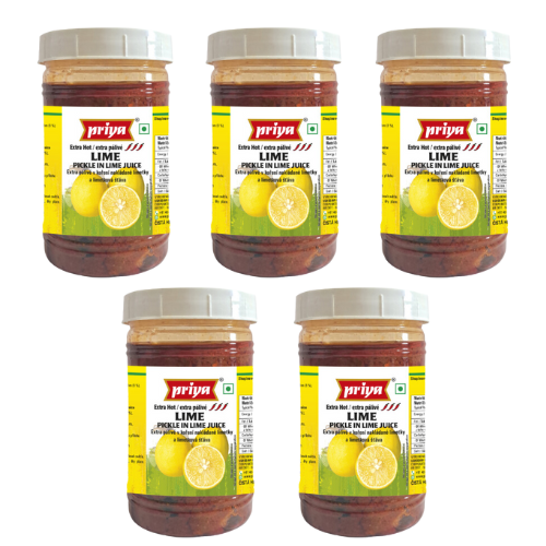 Priya Lemon Pickle (Extra Hot) in Lemon Juice Without Garlic - PET JAR  (Bundle of 5 x 300g)